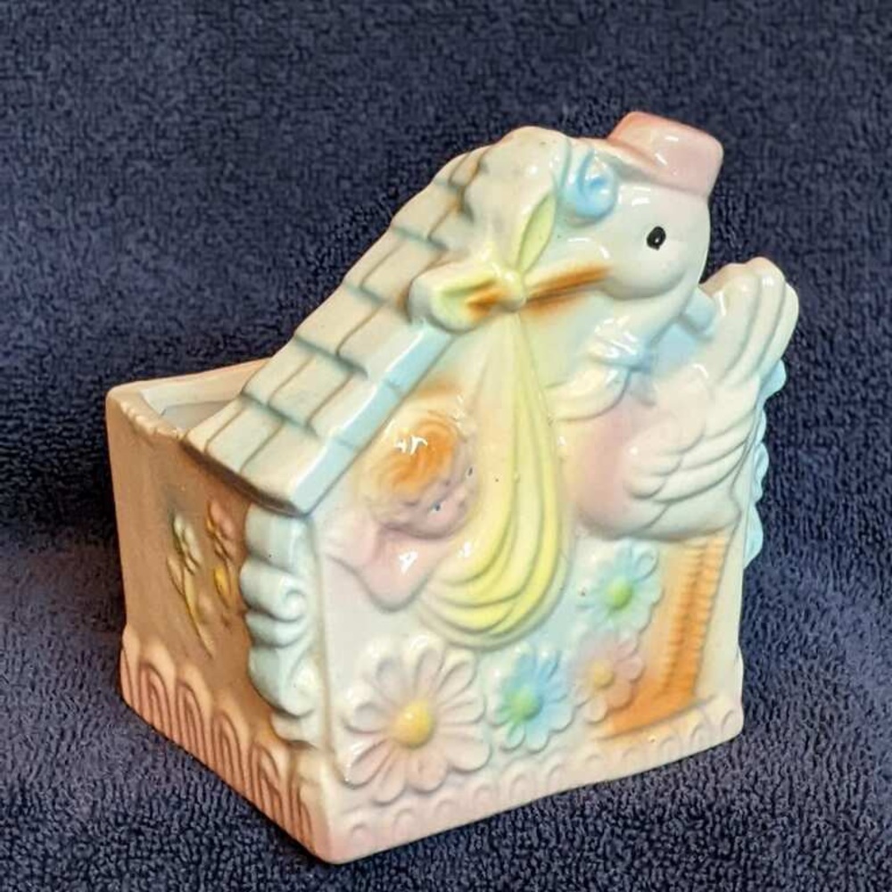 VTG Ceramex Del Norte Stork Carrying Baby Pastel 5.5” Nursery Planter Decor USA